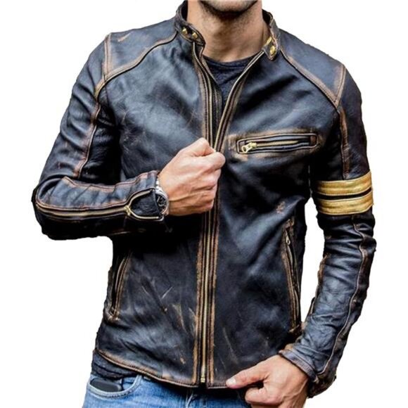 Motorcycle Black Leather Jacket Men - Vintage Biker Cafe Racer Real Lambskin - Picture 1 of 5